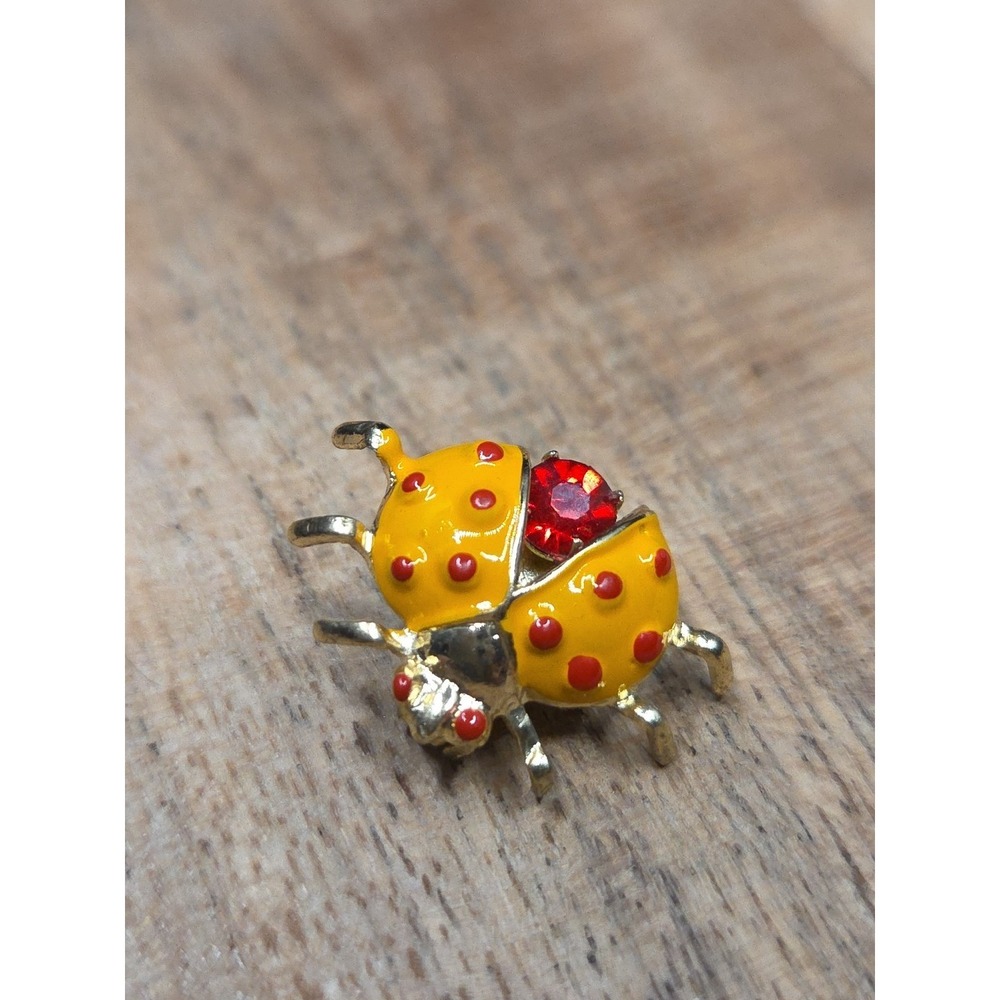Vintage Yellow Lady Bug Brooch Scatter Pin Metal Rhinestones Tiny 1"  Very Cute!